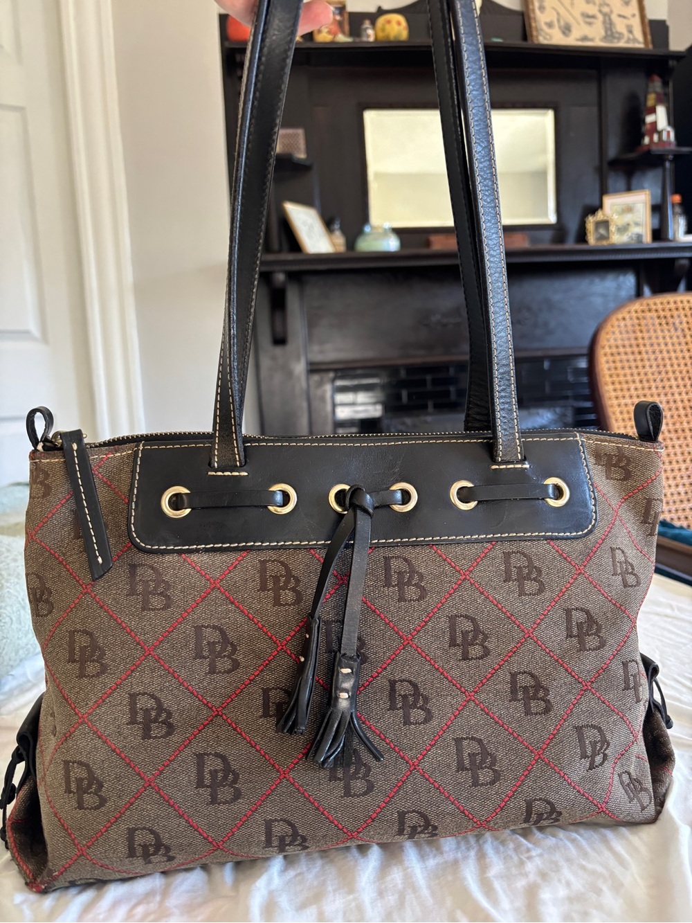 Dooney & Bourke Vintage Canvas Shoulder Bag Signature Logo with Black Tassels